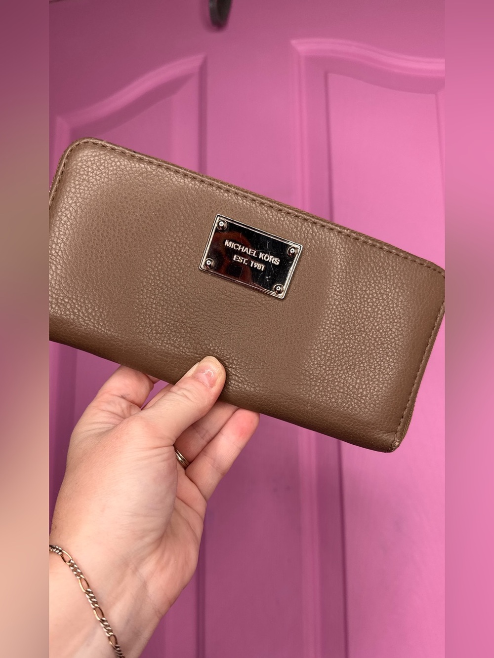 Michael Kors Taupe Pebbled Leather Zip Wallet with Logo Plaque